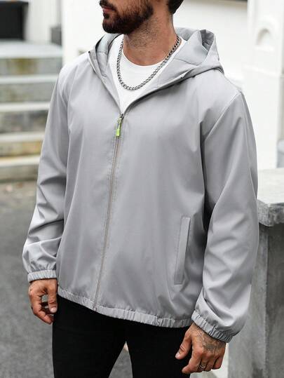 Manfinity Homme Plus Size Men's Solid Color Long Sleeve Zip-Up Casual Hooded Outdoor Windbreaker Jacket, Autumn