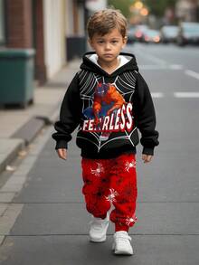 SHEIN Bộ 2 món Fearless Spider-Hero cho bé trai - Áo hoodie và quần nỉ thể thao, trang phục siêu anh hùng Halloween, từ trẻ mới biết đi đến trẻ lớn - Nhiều màu - Xem 2