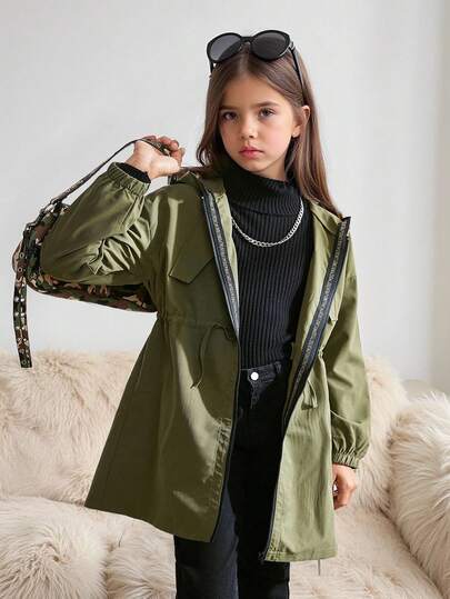 SHEIN Young Girl Career Day Back-To-School Mid-Length Parka Coat,Casual Letter Decor Text Tape Hooded Pocket Woven Windbreaker,Military Style Outdoor Wear