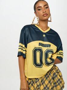 SUMWON WOMEN Varsity Jersey College Style Sporty Cheerleader Top Nostalgic Y2K Fashion Oversized Relaxed Number Print School Spirit Aesthetic Bold Casual Streetwear Prep School Retro Vibe Team Look - Yellow - View 7