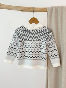 Blossori Young Boy French Jacquard Geometric Pattern Hoodie Sweater, Autumn - Multicolor - View 1