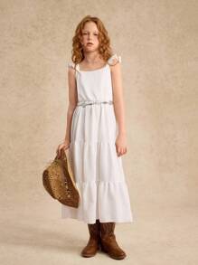 Girls' Vacation Sleeveless Ruffle Bowknot A-Line Shift Dress, Matching Sister Styles - White - View 4