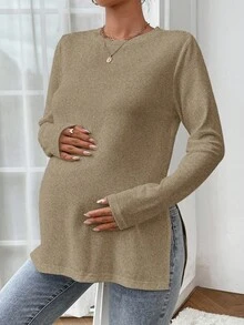 SHEIN Maglietta casual da maternità con spacco laterale, colore tinta unita, top da donna a maniche lunghe per primavera/autunno, colore marrone chiaro, top lungo marrone a maniche lunghe