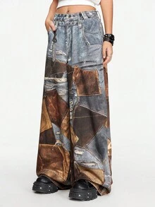 ROMWE Street Life Y2K 街头潮流朋克拼布印花宽松阔腿牛仔裤 - 彩色 - 查看 4