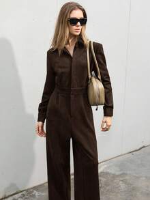 Aveloria Modichic 简约时尚高端通勤翻领隐形门襟收腰女式绒面革连身裤 - 咖啡棕 - 查看 3