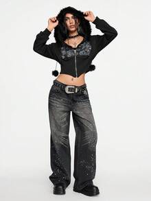 ROMWE Grunge Punk Y2K Subculture 复古修身豹纹连帽运动衫，复古花卉印花水钻装饰女式运动衫 - 黑色 - 查看 11