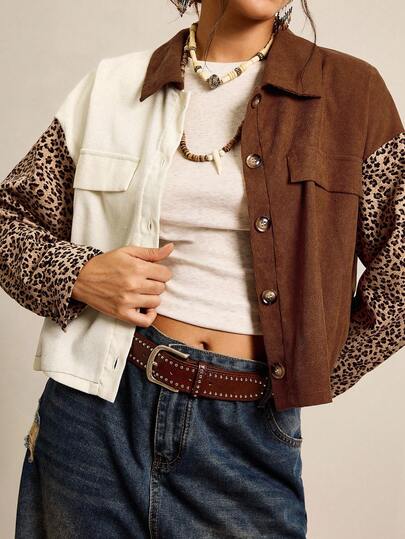 SHEIN LUNE Chaqueta suelta con detalles de solapa y estampado de leopardo en patchwork para mujer de talla grande, adecuada para fiestas occidentales de Navidad en primavera y otoño