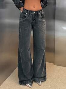 cottnline RueChic Low Waist Wide Leg Special Wash Jeans - Black - View 6