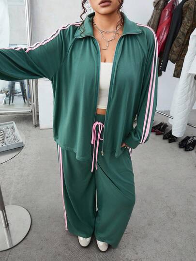 SHEIN EZwear 2pcs Plus Size Green & Pink Striped Long Sleeve Knit Cardigan And Pants Casual Outfit 2 Pieces Track Suit Women Green Tracksuit 2 Pieces Casual Set