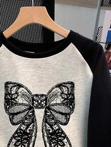 SHEIN Women's Casual Bow Print Contrast Color Sweatshirt, Popular For Autumn/Winter Fall Cloth For Women - Multicolor - View 3