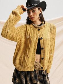Easelle Áo cardigan dệt kim tay dài dáng suông vai thả họa tiết xoắn cáp, cài cúc đơn, kiểu dáng cao bồi đính sequin, màu vàng mù tạt, thích hợp cho nữ mùa thu đông. - Màu Mù tạt vàng - Xem 2
