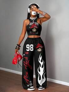Slaydiva 2 件套女士休闲街头紧身吊带背心和宽松裤子套装，适合街头风格，黑色卡通人物和火焰印花，适合嘻哈 - 彩色 - 查看 6