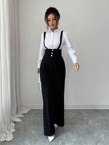 Elenzga Quần ống đứng thanh lịch lãng mạn dành cho nữ có dây đeo ở eo và nút cài trang trí - màu đen - Xem 3