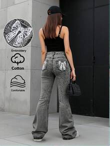Jeans elásticos de cintura ajustable con bordado de lazo gris oscuro y copos de nieve, estilo urbano y callejero Y2K para niñas preadolescentes - Negro - Ver 5