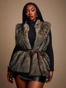 Radiana 大码女式无袖腰部收紧人造毛皮夹克，适合性感办公室风骚、舞会、舞会、情人节、邮轮装束、通勤、商务、复古、派对、度假、郊游、老钱、丰富层次、约会之夜、聚会、极简主义、生日、正式活动、辣妹、伊比沙岛、纳什维尔、假期、端庄、别致、休闲、购物、街头服饰、外出、凸显您的身材，在秋冬季展现迷人身材 - 灰色 - 查看 5