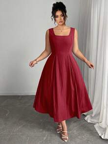 Elenzga 大码女式领结 A 字形抽绳腰部优雅连衣裙，适合生日、夏季、婚礼宾客、毕业典礼 - 酒紅色 - 查看 3