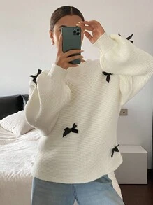 Livesso Suéter feminino com decoração de laço no ombro oblíquo de outono - Branco - Ver 4