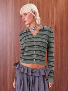 COUREZ 条纹修身针织长袖 Polo 衫 / Y2K 风格，适合外出穿着，春季百搭，返校季必备。 - 彩色 - 查看 2