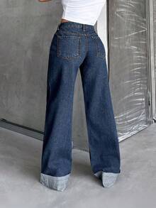 SHEIN PETITE HIGH WAIST100%Cotton Rolled Up Wide Leg Jeans - Medium Wash - View 2