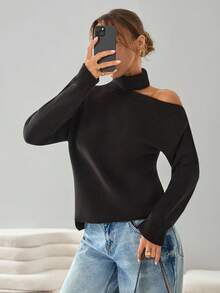 Maglione casual da donna a collo alto, con spalle scoperte e maniche a goccia, in tinta unita