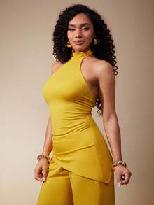 Vixey Solid Jersey Asymmetrical Hem Halter Neck Sleeveless Top - Yellow - View 4