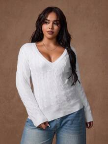 Rustia Plus Size Cute Casual Textured V-Neck Long Sleeve Sweater Fall Winter Cloth For Women Autumn - White - View 3
