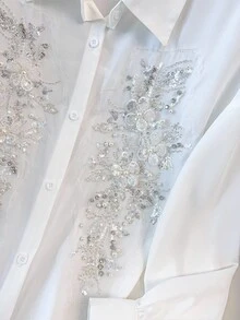 GlowEve CURVE Blusa elegante de manga farol con bordado de lentejuelas y strass para tallas grandes - Blanco - Ver 6