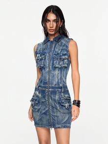 ROMWE Grunge Punk Y2K 复古水洗牛仔短款修身低腰迷你连衣裙 - 藍色 - 查看 4