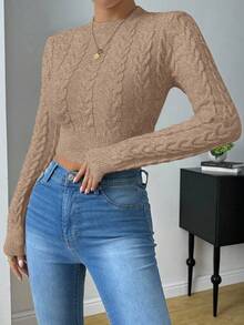 SHEIN Raffinéa Casual Solid Color Fitted Cropped Sweater, Autumn Fall Winter Cloth For Women - Khaki - View 3