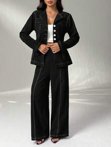 SHEIN PETITE 纽扣长袖衬衫和休闲裤套装 - 黑色 - 查看 3