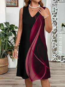 EMERY ROSE 大码女式拼色抽象印花 A 字形度假连衣裙、V 领无袖背心裙、时尚夏季连衣裙太阳裙海滩女装 - 彩色 - 查看 3