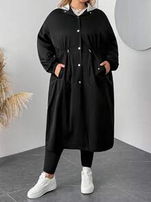 SHEIN CURVE+ 大码女式长袖单排扣抽绳腰休闲撞色连帽风衣女式长外套女式长外套开放式长袍大码夹克适度外套，女式秋季服装冬季秋冬 - 黑色 - 查看 4