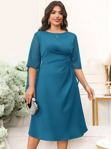 Reflora Elegantes Midi-Kleid in Unifarbe mit Taillengürtel in Große Größen, geeignet für den Berufsalltag