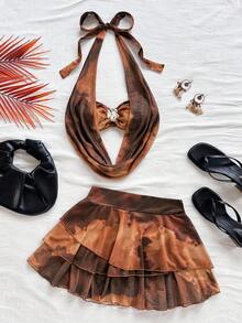 Soleia 女式日落渐变色低胸花卉金属扣装饰露背上衣和多层荷叶边下摆迷你裙 2 件套，休闲度假海滩巡航假日鸡尾酒会礼服，适合所有季节、音乐节、波西米亚度假 - 彩色 - 查看 6