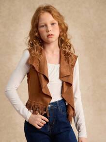 Tween Girl Waterfall Collar Fringe Trim Open Front Coat - Brown - View 3