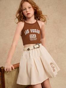 2 件套 Tween 女童夏季时尚字母印花无袖背心和褶皱迷你裙套装