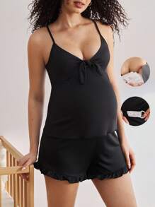 两件套孕妇荷叶边系带哺乳睡衣套装 - 黑色 - 查看 1