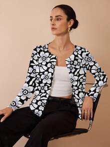 Shutterstock Glamance Jaket Kasual Motif Bunga Terbuka Depan untuk Wanita, Cocok untuk Musim Gugur - MultiWarna - View 5