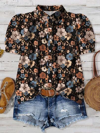 EMERY ROSE Plus Size Casual Holiday Floral Puff Sleeve Blouse Summer Outfits For Women Easter Boho Renaissance Fair Wedding Guest Dress Women Mother Day Simple & Fashionable Vacation Chic Blouses For Women,Flower/Spring
