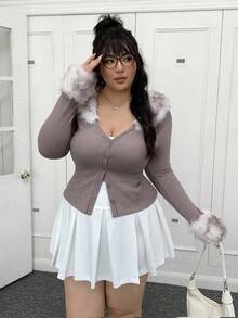 CovetEZ Áo khoác tay dài ôm sát cổ lông màu khối cỡ lớn, mùa thu/đông - Màu Khaki - Xem 5