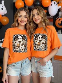 Trang phục hóa trang Halloween cho nữ mùa hè, ngày lễ, thời trang thường ngày, hoạt hình sáng tạo, dễ thương, họa tiết bàn cờ, bí ngô, hoa, ma, quỷ, áo thun tay ngắn cơ bản rộng rãi - Màu Khaki - Xem 3