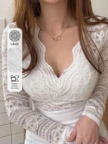 DAZY Women's Lace Top For Daily Wear Long Sleeve Top - White - View 2