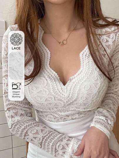 DAZY Blusa de encaje para uso diario de manga larga, ideal para el Día de San Valentín