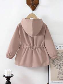 SHEIN Elladie kids 1 件年轻女孩纯色休闲连帽夹克，腰部设计，适合秋冬穿着，适用于学校、户外活动、家庭聚会，提供温暖和舒适 - 卡其色 - 查看 2