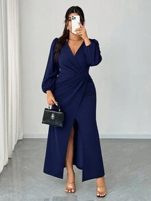 Elenzga Đầm maxi xẻ tà cổ chữ V tay dài thanh lịch cỡ lớn dành cho nữ, thích hợp cho tiệc tùng, tiệc cưới, mùa xuân/thu/đông - Màu xanh hải quân - Xem 5