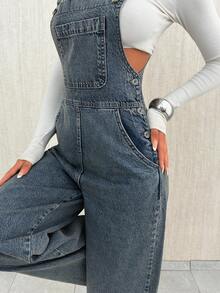 EURMUSE Casual Versatile Button Pocket Wide Leg Bib Overall For Women Jean Jumpsuit Jean Overalls Denim Jumpsuit - Medium Wash - View 3
