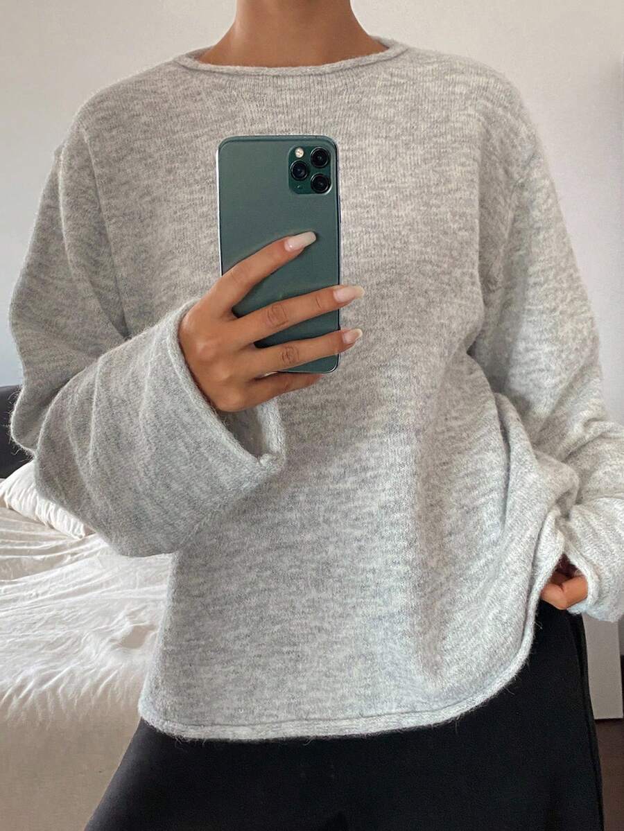 DAZY 女式纯色船领落肩休闲针织套头衫秋冬 - 灰色 - 查看 1