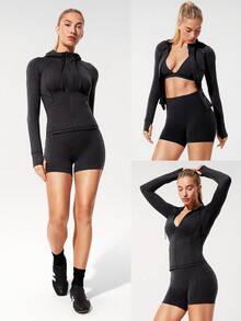 舒适廓形柔软弹力耐用拉链侧袋修身拉链夹克连帽衫瑜伽普拉提工作室日常休闲装 - 黑色 - 查看 8