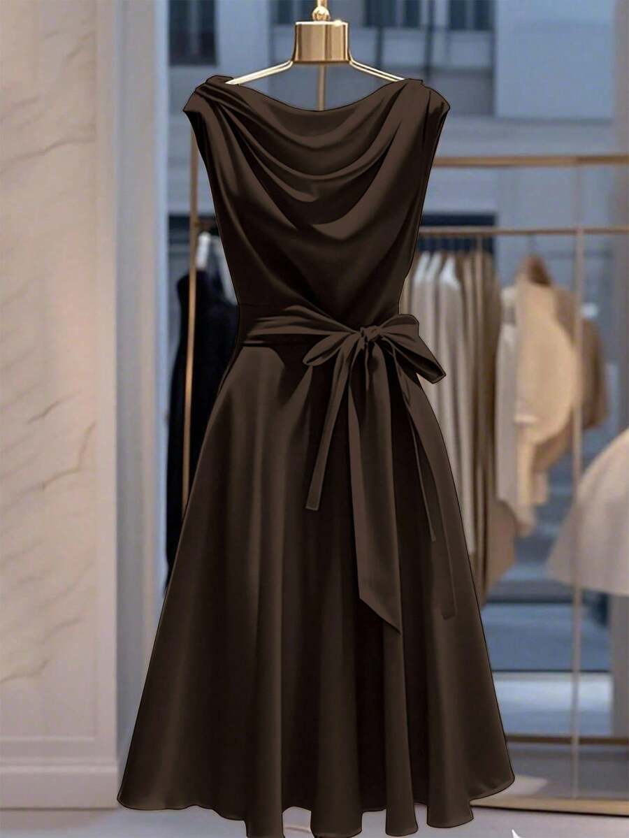 Franclia 女士优雅纯色束腰连衣裙 - 咖啡 - 查看 1