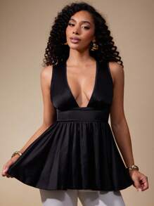 Vixey Áo peplum không tay cổ khoét sâu bằng vải satin trơn có cạp chun - Đỏ - Xem 4